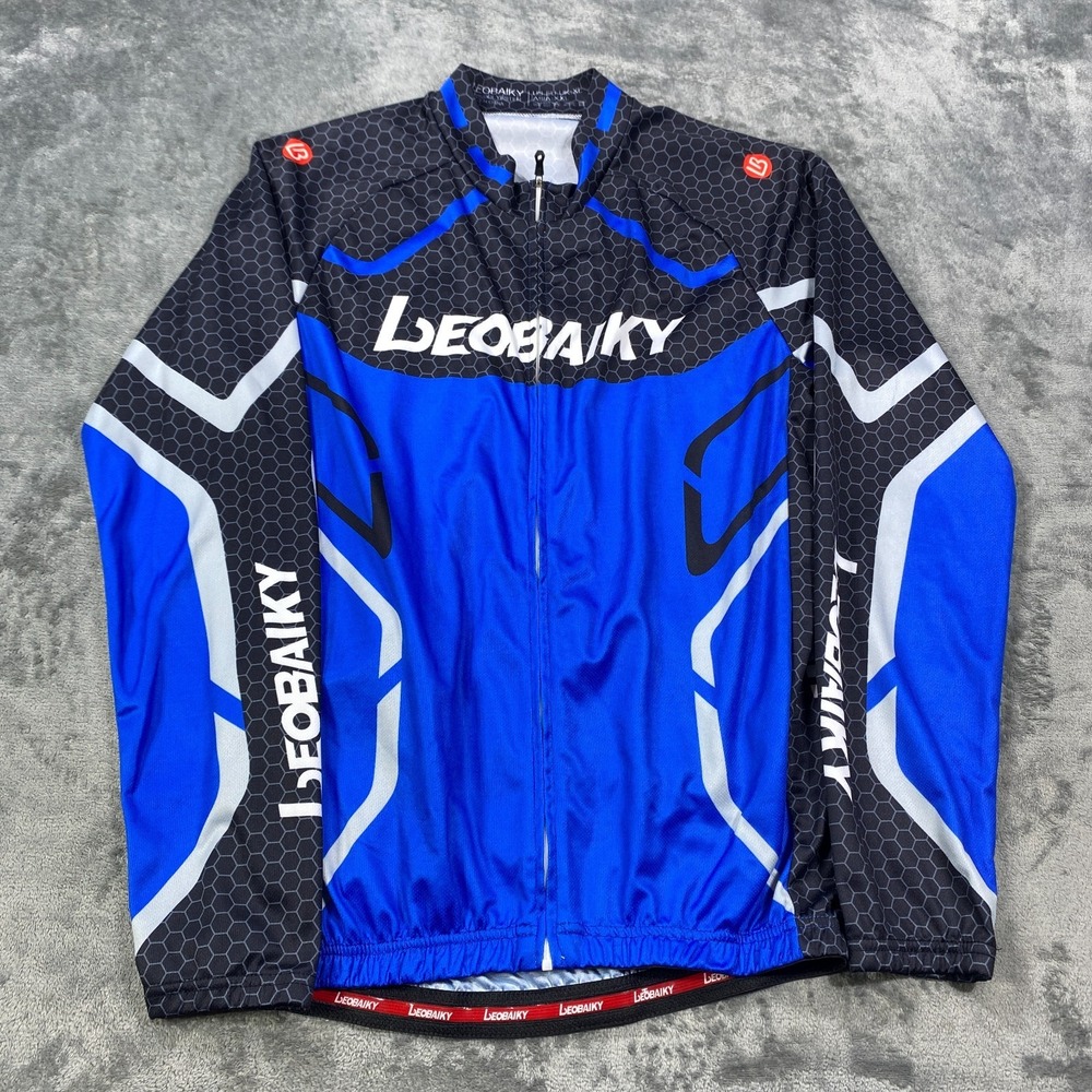Cycling Jersey Mens 2XL Blue Black Full Zip Long Sleeve Bike Pockets Active BMX